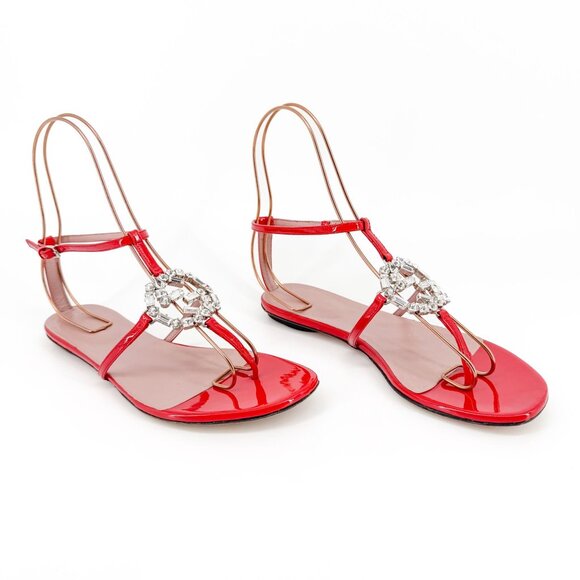 Gucci Crystal GG Interlock T-Strap Sandals EU 37 US 7 Red Patent Flat Logo Thong - Picture 1 of 13